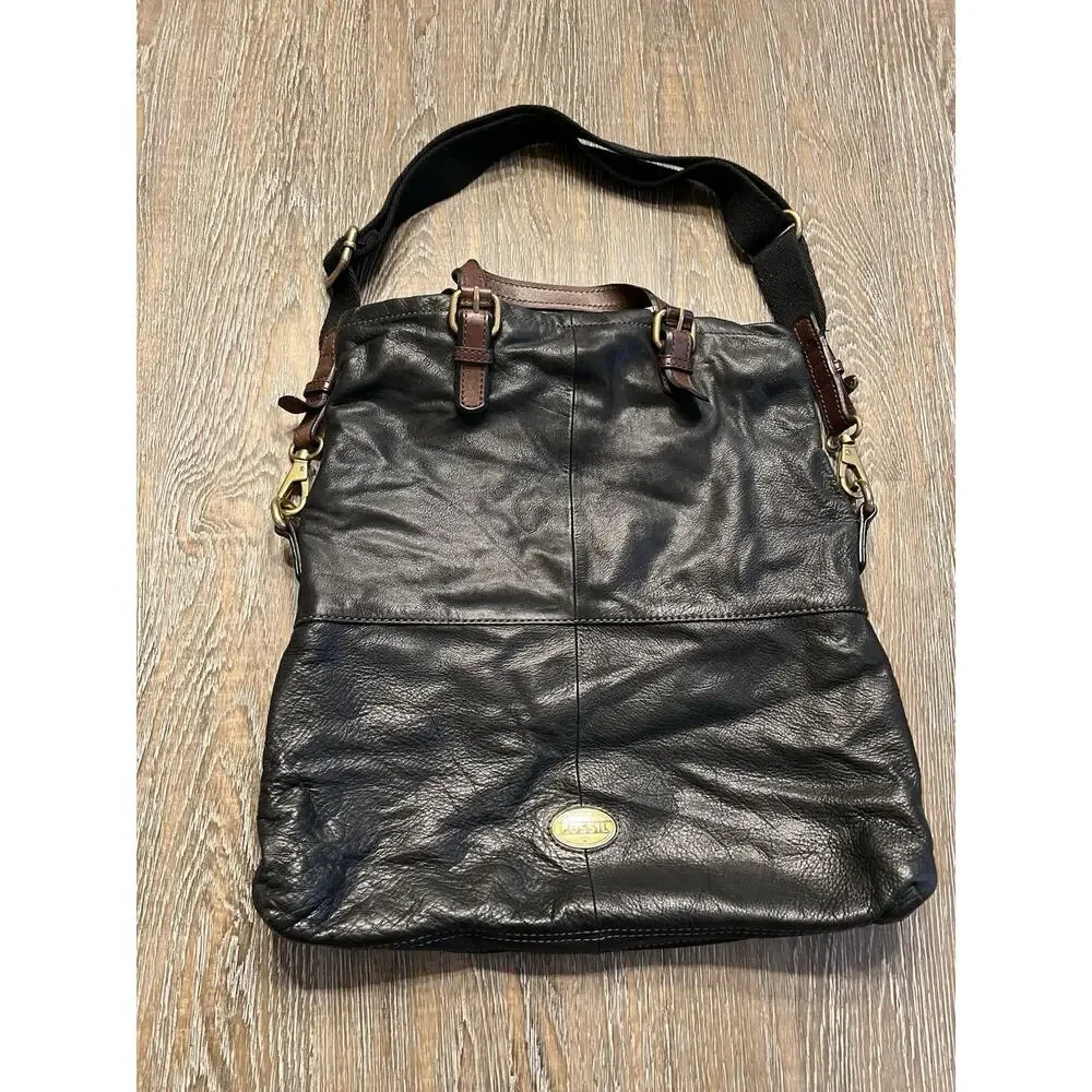 Vintage Fossil Explorer Black Leather Foldover Satchel Crossbody‎ Bag